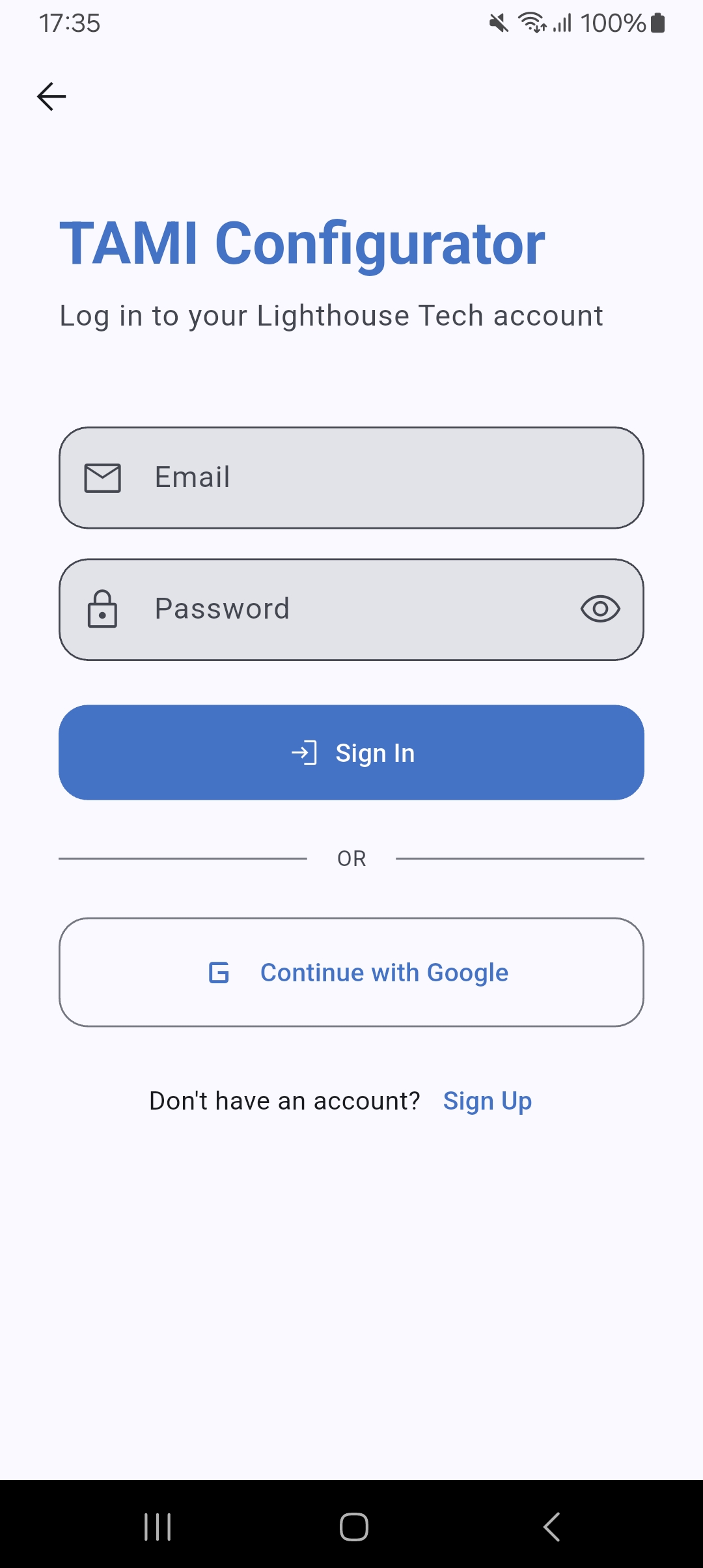 Schermata di accesso TAMI® Configurator, con campi email e password