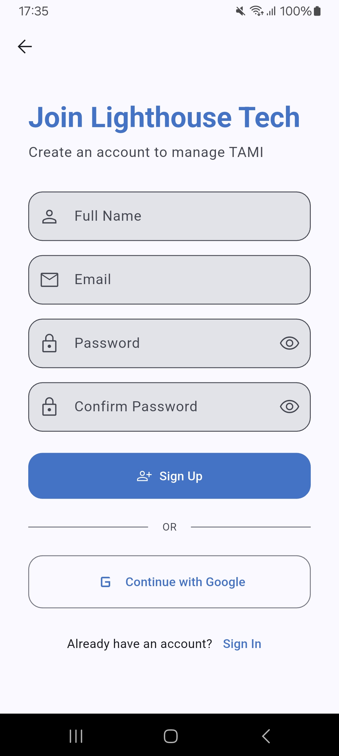 Schermata di registrazione Join Lighthouse Tech, con i campi account