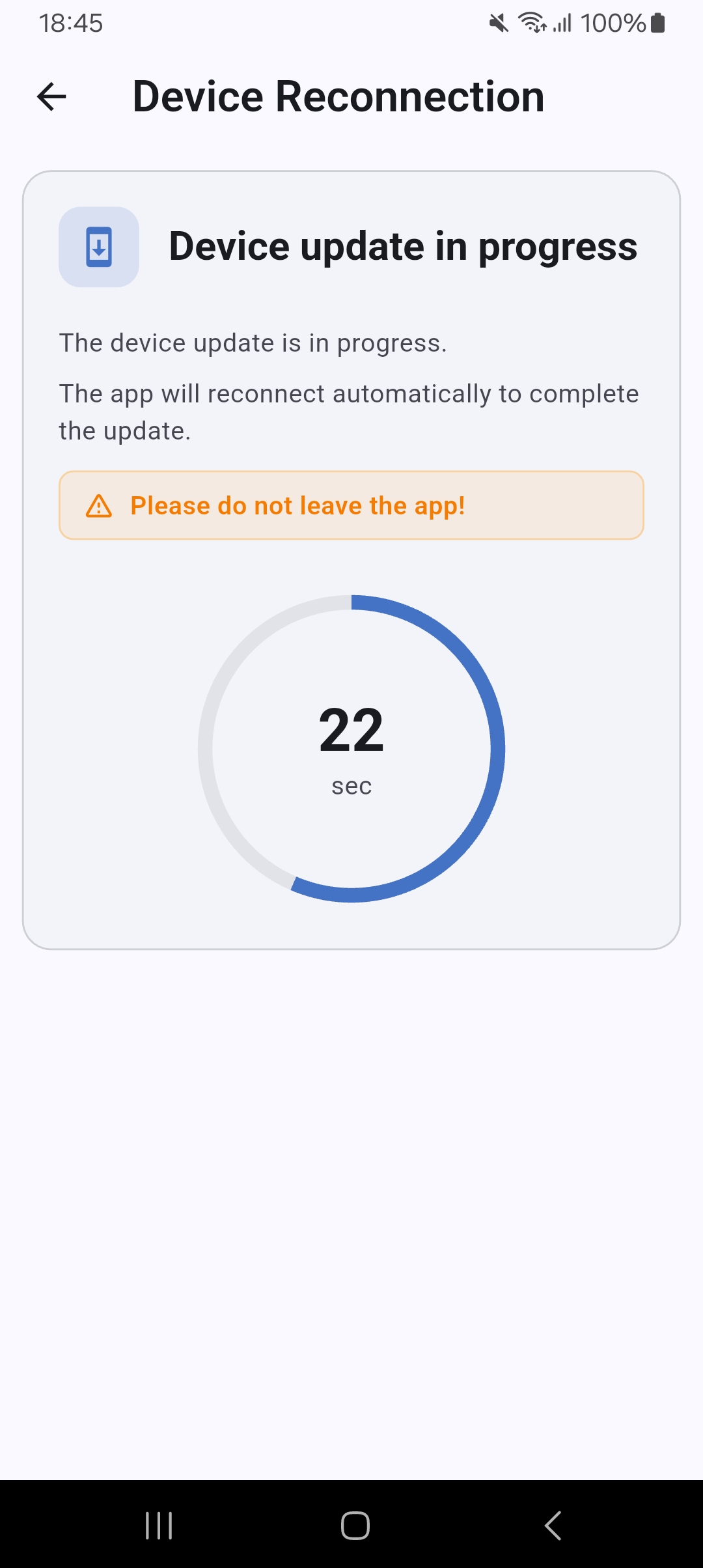 Schermata di riconnessione dispositivo con conto alla rovescia dopo un aggiornamento firmware